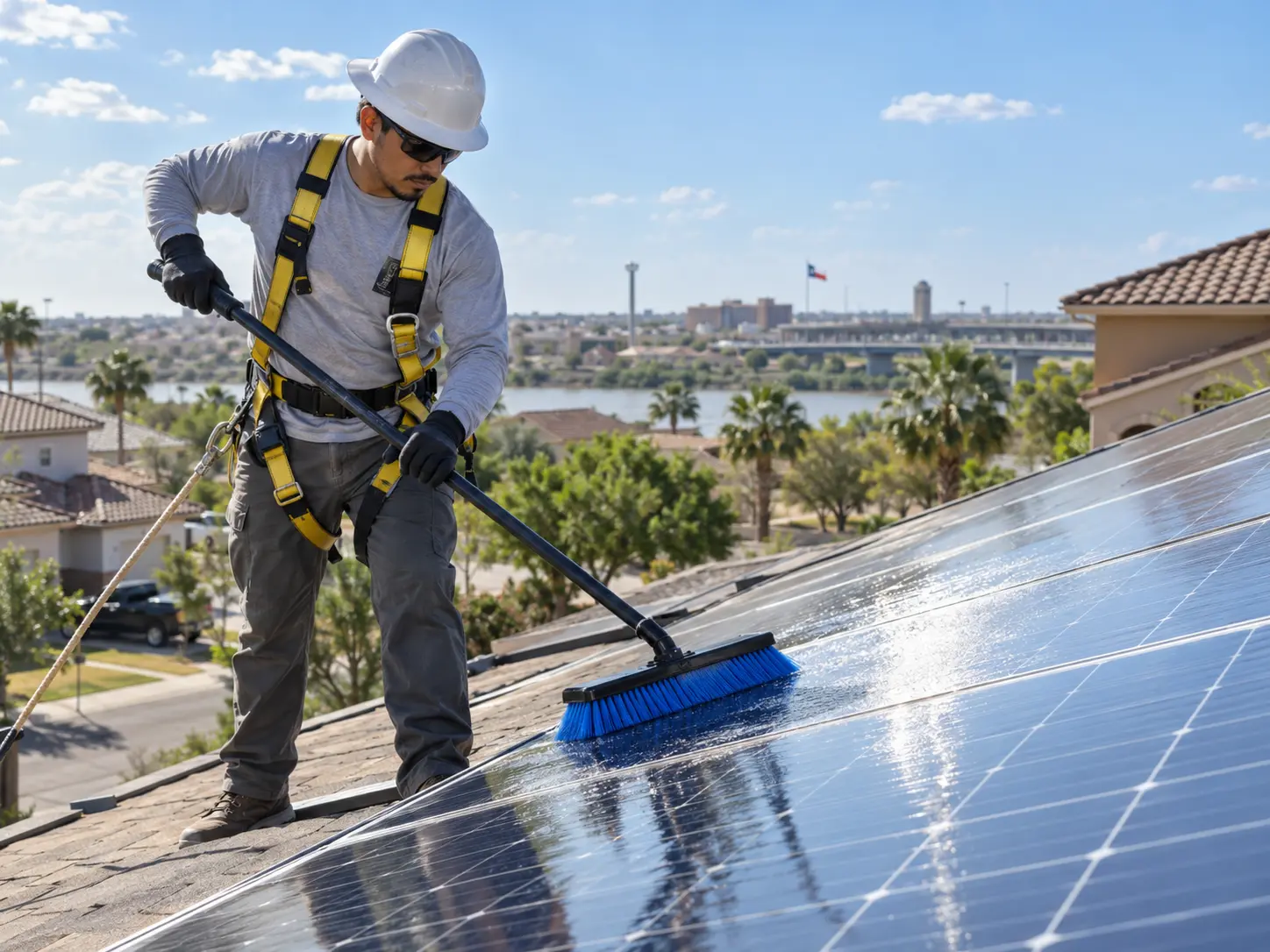 Technician cleaning dust from a residential solar panel array in Laredo, Texas
