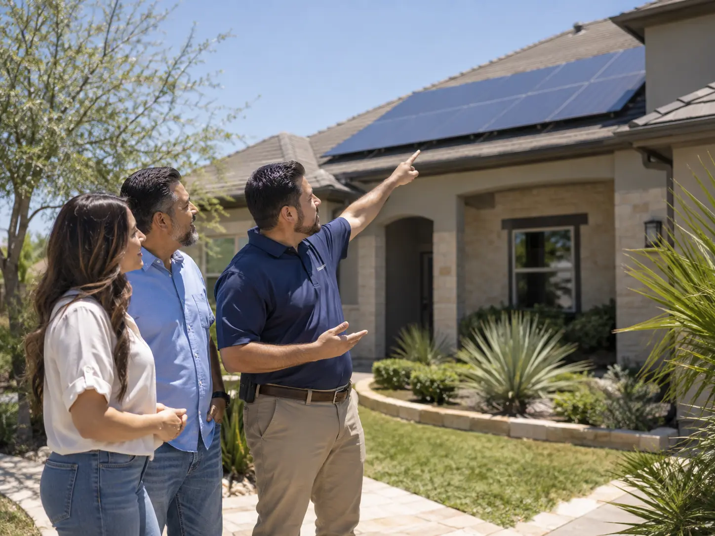 Solar consultant reviewing a rooftop array with two homeowners outside their home