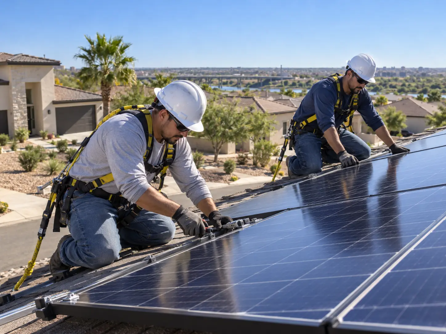 Two installers mounting solar panels on a residential roof in Laredo, Texas